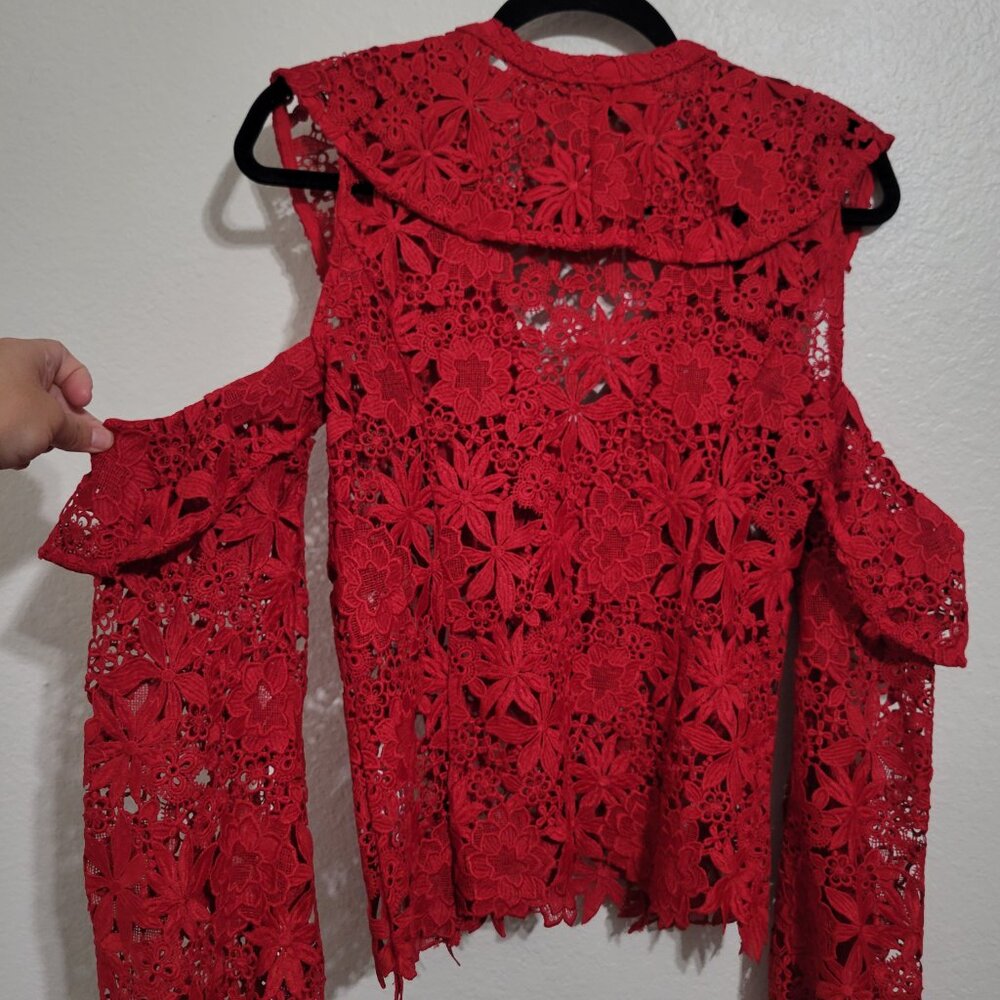 Bardot Red Lace Cold-Shoulder Ruffled Blouse - Picture 11 of 13